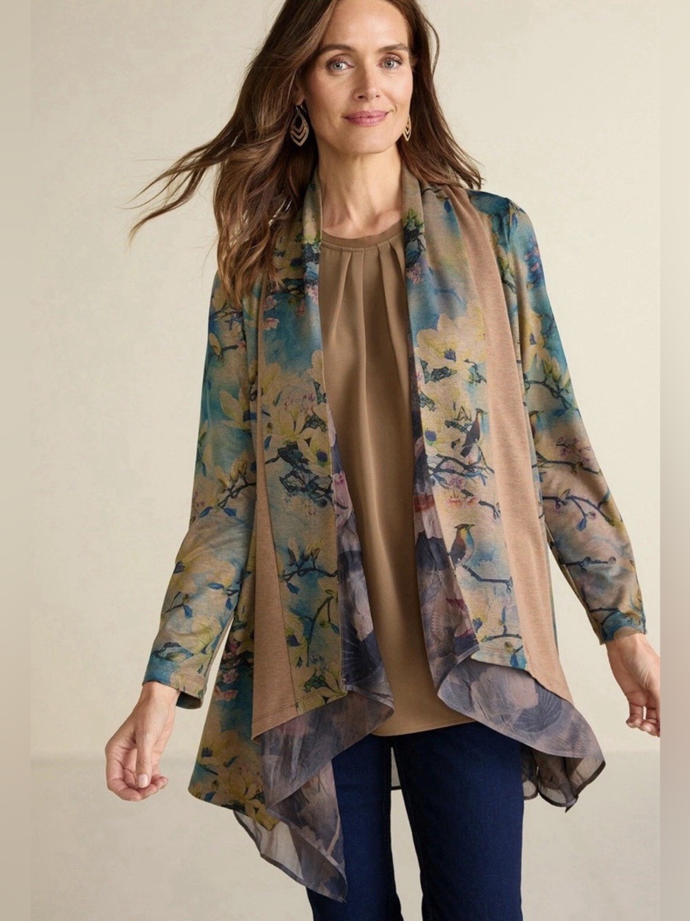 Soft Surroundings Tea Gardens Topper 1X Plus Size Floral Bird Waterfall Cardigan